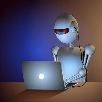 Robot sits at the desk connected to the computer. firmware. Stock Illustration