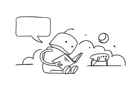 The robot sits reading book. Instructions user guide. Error page 404 not found Stock Illustration