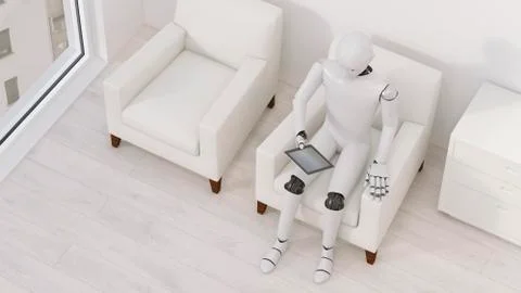Robot sitting on armchair with tablet, 3D Rendering 스톡 일러스트