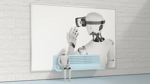 Robot sitting on bench in front of billboard, 3D Rendering Stock Illustration