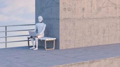 Robot sitting on bench, using laptop Illustrazione stock