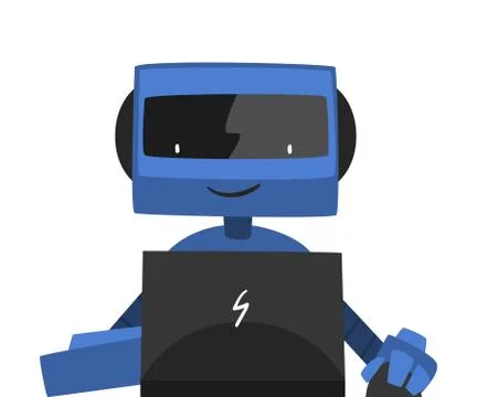 Robot Sitting in front of Computer, Friendly Android Working with Laptop Stock Illustration