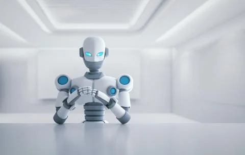 Robot sitting in front of empty table, artificial intelligence in futuristic  Illustrazione stock