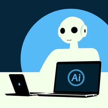 Robot sitting in front of a laptop. Stockillustratie