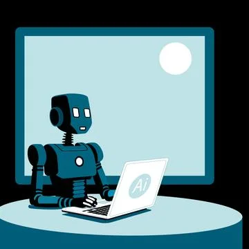 Robot sitting in front of a laptop. Stock Illustration