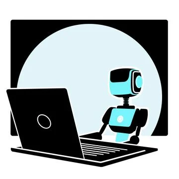 Robot sitting in front of a laptop. Stockillustratie