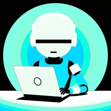 Robot sitting in front of a laptop. Stockillustratie
