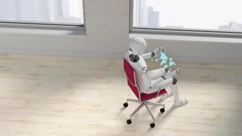 Robot sitting on office chair using futuristic tablet, 3d rendering Illustrazione stock