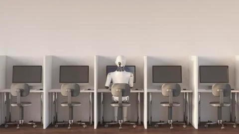Robot sitting in office, working alone 스톡 일러스트
