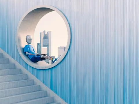 Robot sitting in round window using laptop, 3d rendering 스톡 일러스트