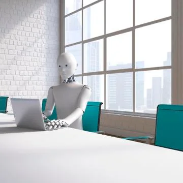 Robot sitting sitting at conference table, using laptop Illustrazione stock