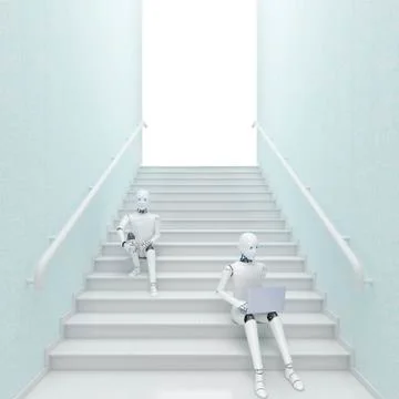 Robot sitting on stairs using laptop, 3d rendering 스톡 일러스트
