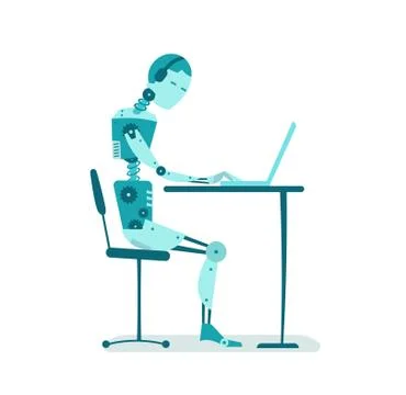 The robot is sitting at the table. Office work Stock Illustration