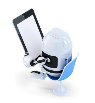 Robot sitting with a Tablet Computer. Isolated on white background. 스톡 일러스트