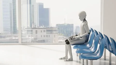 Robot sitting in waiting area, using laptop Stock Illustration