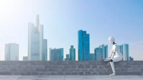 Robot sitting on wall using laptop in front of skyline Illustrazione stock