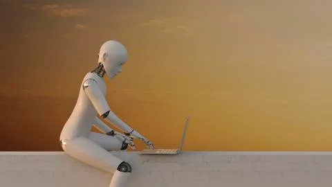 Robot sitting on wall using laptop, 3d rendering Illustrazione stock