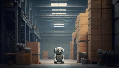 A robot sitting in a warehouse with boxes around it's perimeter and a perso.. Stock Illustration