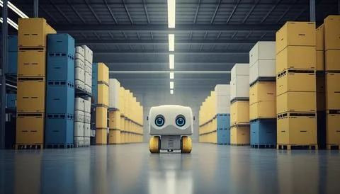 A robot is sitting in a warehouse with boxes on the floor and a ceiling of .. Stock Illustration