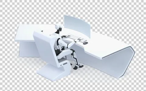 Robot Sitting Working on PC Automation 3D Artificial Intelligence Concept Stock Illustration