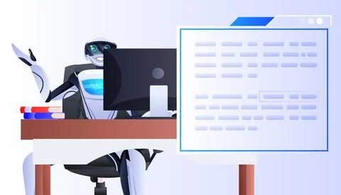 Robot sitting at workplace chatbot assistant with speech bubble online Stock Illustration