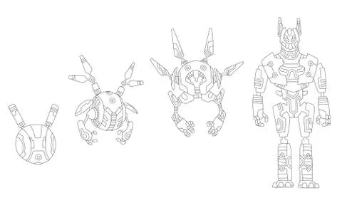 Robot sketchs. Line drawing evolution of robots concept. Vector isometric robots Stock Illustration