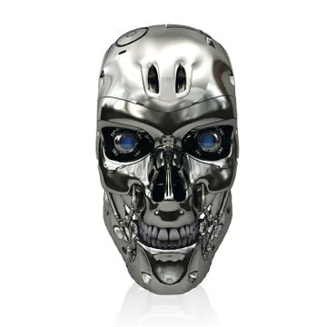 Robot skull with metallic surface and blue glowing eyes smiling Stock Illustration