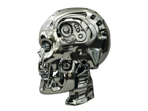 Robot skull with metallic surface and blue glowing eyes on side view Stock Illustration