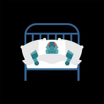 Robot sleeps in bed. Charging and Reloading Cyborg イラスト素材