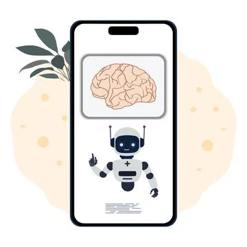 Robot on smartphone screen with brain image and abstract background for tec.. Illustrazione stock