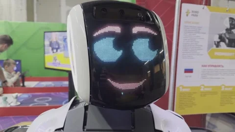 A robot with a smiling face is on display in a room 스톡 동영상 283484754
