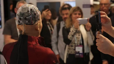 Robot Sofia - Artificial Intelligence - At The Technology Fair Stock Footage 126984465