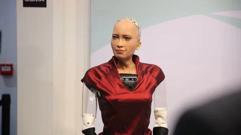 Robot Sofia at the Barcelona Technology Fair 스톡 동영상 126984538