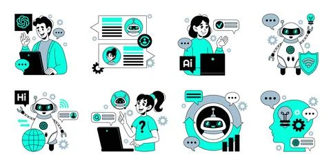 Robot software. AI chat. GPT android. Artificial intelligence. Digital chatbot Stock Illustration