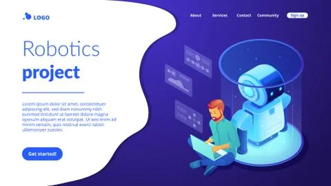 Robot software isometric3D landing page. Illustrazione stock