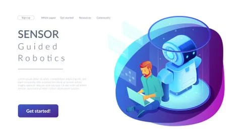 Robot software isometric3D landing page. Illustrazione stock