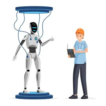 Robot software testing flat vector illustration. Cheerful engineer in helmet Stock Illustration