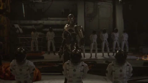 Robot soldier kills hostages in Sci-Fi port hangar 01 Vidéo 253608179