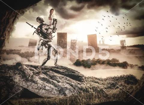 Robot soldier saving a baby from war inside a futuristic and apocalyptic scene Stock Photos
