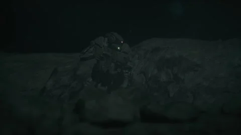 A robot soldier speaks to command over the radio from the battlefield 02 Stock Footage 246646815