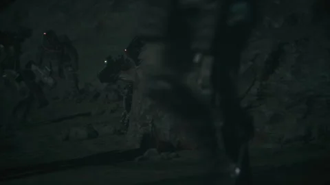 A robot soldier speaks to command over the radio from the battlefield 04 Stock Footage 246647077