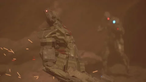 The robot soldier turns to look at the scream of the alien creature 02 Stock Footage 212848784