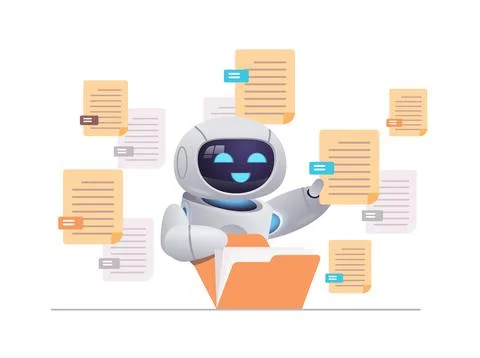 Robot sorting documents robotic character organizing folder file management 스톡 일러스트