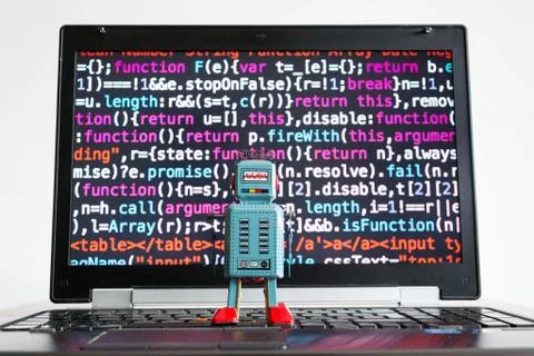 Robot with source code screen, artificial intelligence, deep learning concept 库存照片