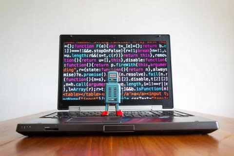 Robot with source code screen, artificial intelligence, deep learning concept Stock Photos