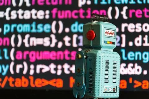 Robot with source code screen, artificial intelligence, deep learning concept Stock Photos