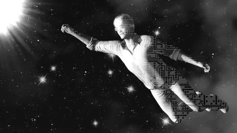 Robot in space. 3D rendering. Art. 4K. Stock Illustration