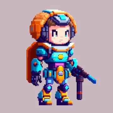 Robot spaceman pixel art character for 8 bit game scenery arcade video game Stock-Illustration