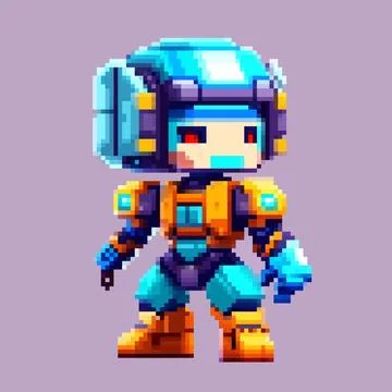 Robot spaceman pixel art character for 8 bit game scenery arcade video game Stock-Illustration