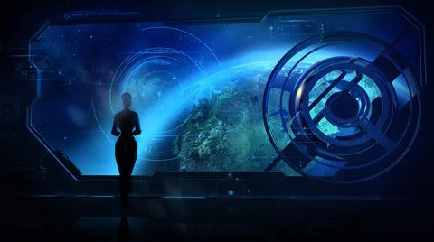 A robot in a spaceship orbiting the Earth, 3D render. Stock Illustration